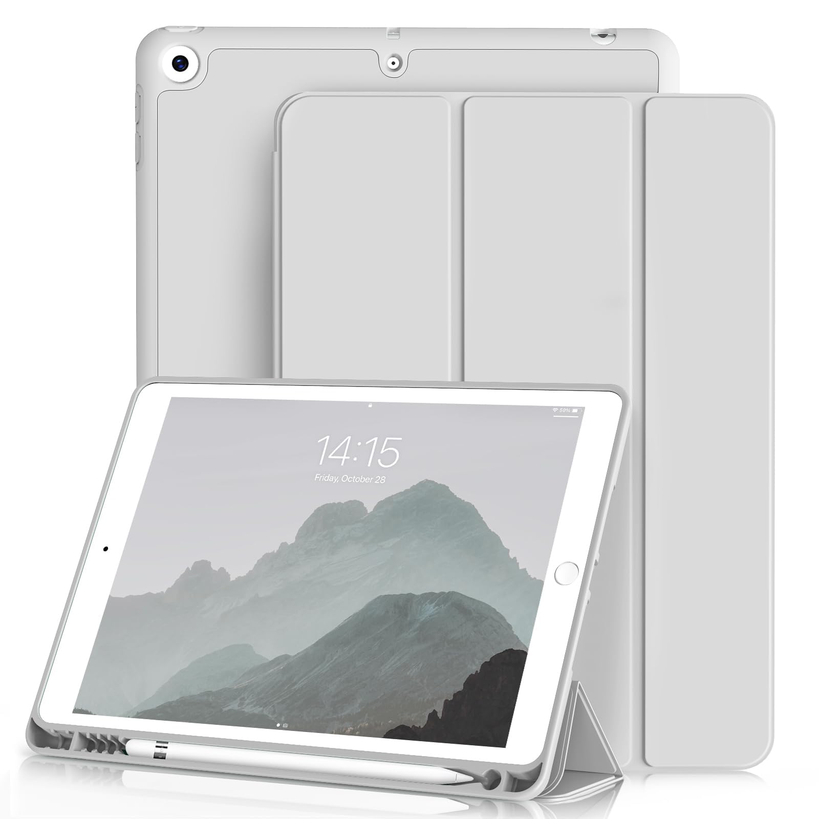 ZOYU Case for iPad 9th/8th/7th Generation with Pencil Holder, Slim Stand Smart Case with Soft TPU Back Cover, Auto Sleep/Wake for iPad 10.2 Inch 2021/2020/2019, Grey — image 1