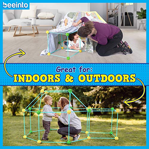 beeinto Kids Fort Construction Building Kit - 58 Poles, 32 Balls, 5 Toss Rings, Nylon Bag, Instructions - Outdoor STEM Toys for Boys, Indoor Play Tents Builder, Parent-Child Quality Time - Ages 5+