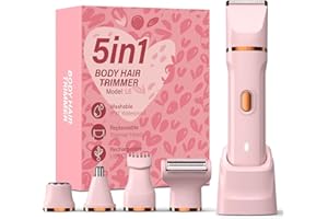 HOHOLE 5-in-1 Bikini Trimmer for Women, IPX7 Waterproof Electric Razors Shaver, Cordless Body Hair Trimmer, Facial & Pubic Hair Removal, Ceramic Blade (Pink)