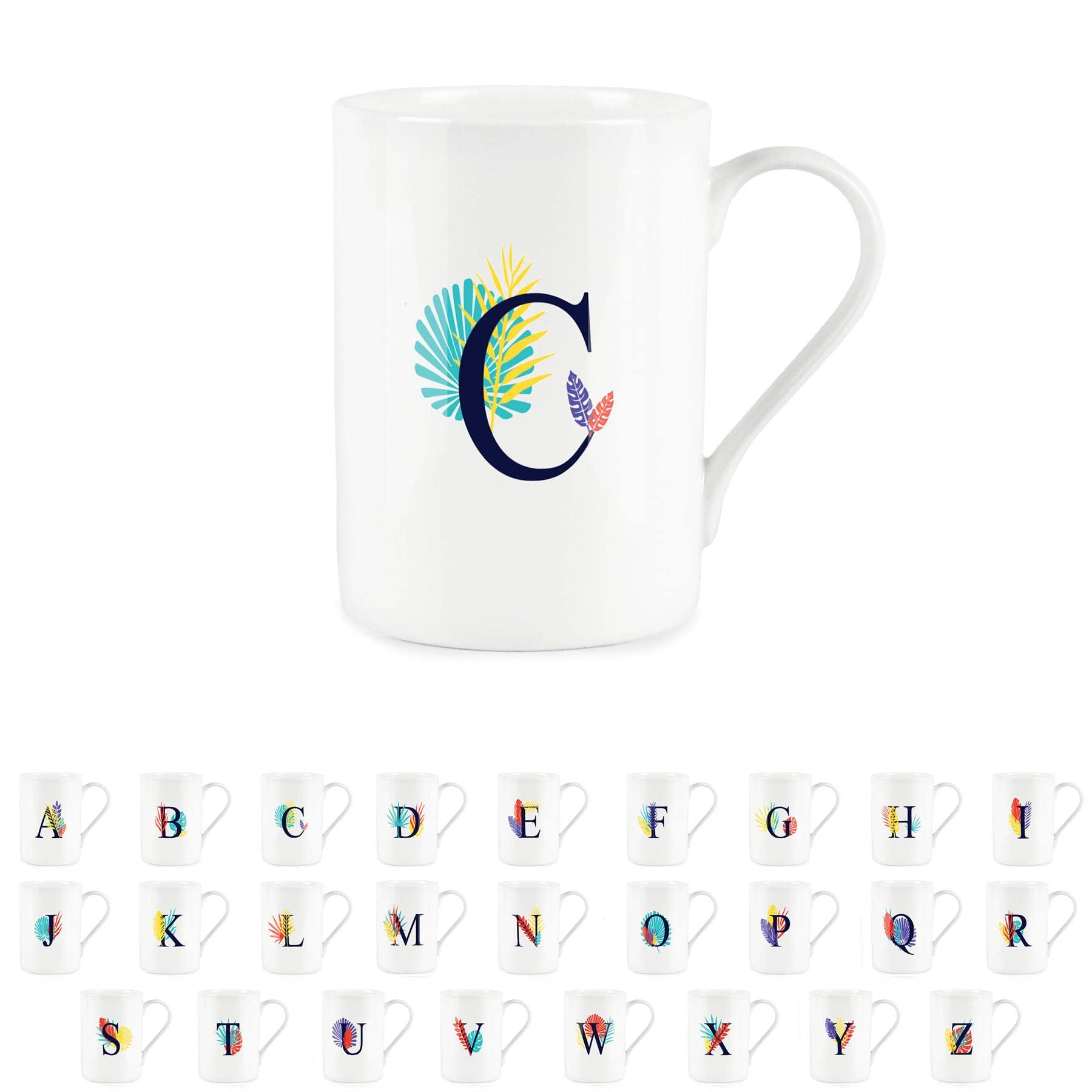 Purely Home Tropical Leaves Letter C Mug - Palm Leaf Botanical - Initials Personalised Bone China White Alphabet Mug Coffee/Tea Gift