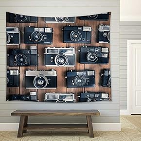 Old Camera on The Wooden Table - Fabric Wall Tapestry Home Decor - 51x60 inches