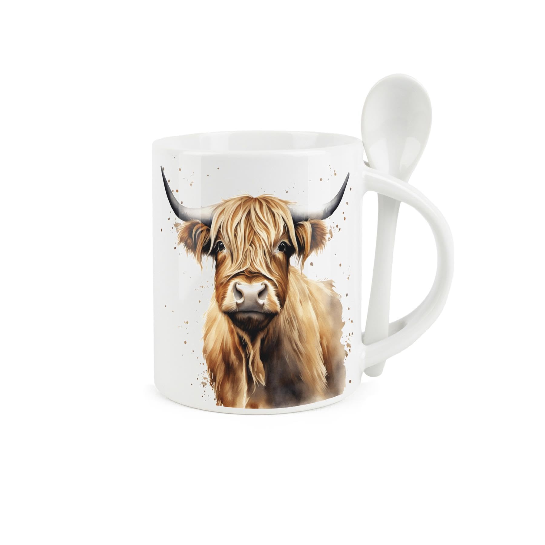 Purely Home Highland Cow Mug and Spoon Set - Farmyard Scottish Cow - Ceramic White Coffee/Tea Mug with Spoon in Handle