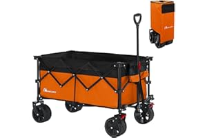Moon Lence Collapsible Folding Wagon Cart Heavy Duty Folding Garden Portable Hand Cart with All-Terrain Beach Wheels, Adjustable Handle & Drink Holders (Orange)