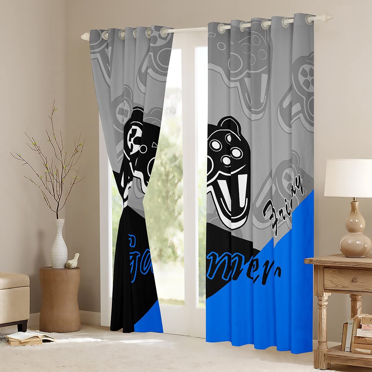 Loussiesd Gamer Curtains for Bedroom Teens Boys Gaming Curtain Gamepad Home Player Video Game Window Drapes Kids Grommet Treatment Black Blue Grey W46*L72 — image 1