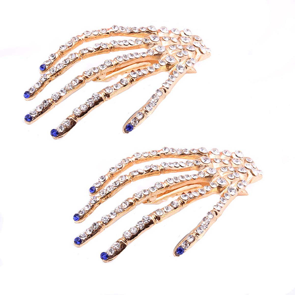 2PCS Fashion Rhinestone Crystal Skeleton Claws Skull Hand Bone Hair Clips Women Metal Punk Zombie Horror Hair Barrette Hairpin Hair Accessories for Cosplay (Blue)