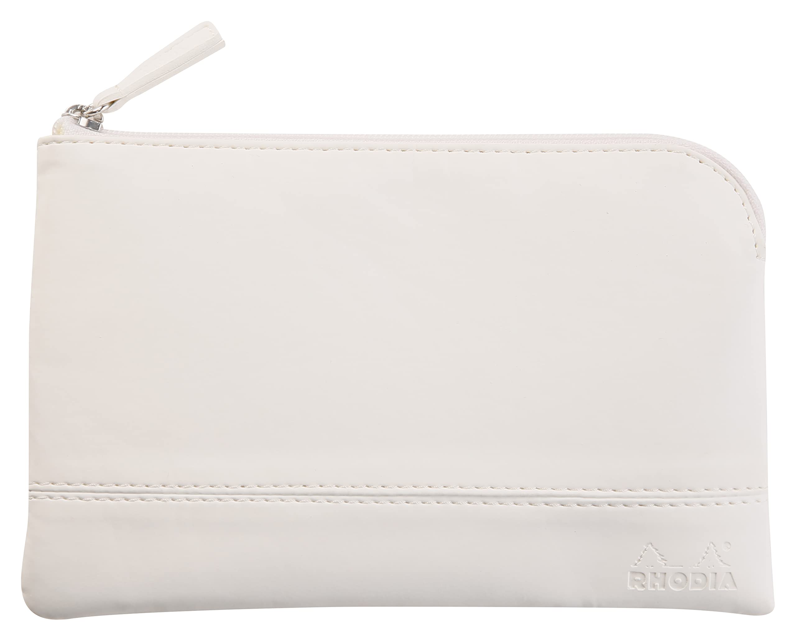 RHODIA 116522C - Faux Leather Zippered Pouch - White - Size S (11 x 17 cm) - Genuine Stitching - Orange Fabric Inside - Storage for Documents, Small Supplies