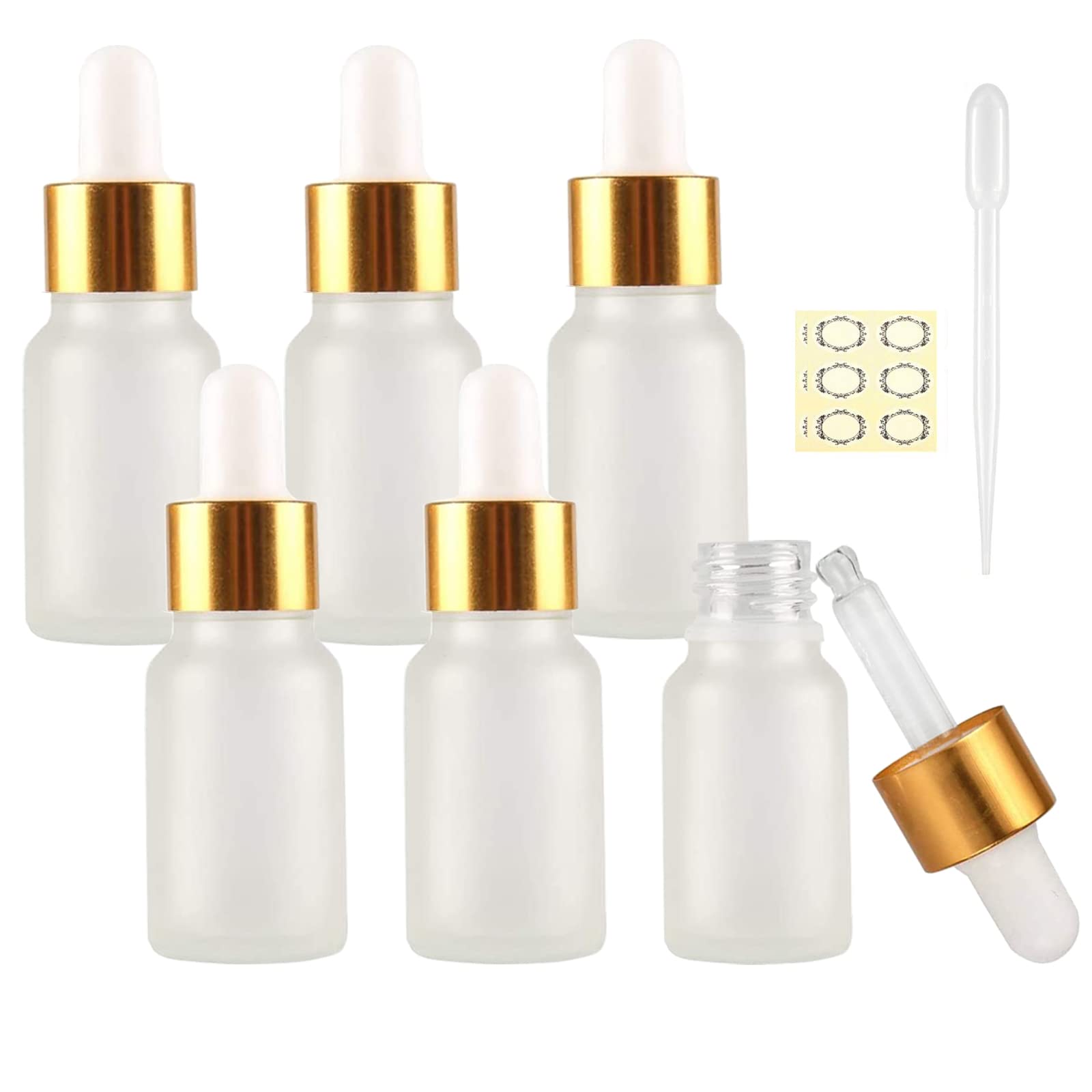 Alledomain 6Pcs, 10ml Frosted Clear Glass Bottles with Dropper Pipettes, Empty Dropper Bottle Gold Aluminum Alloy Cap Refillable Sample Container for Essential Oil/Massage Oil/Chemical Liquid