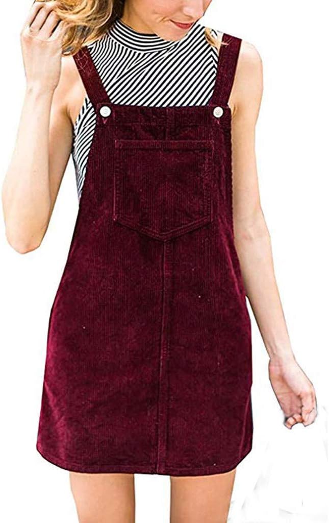 PASATO New Hot!Women Corduroy Straight Suspender Pinafore Casual Pocket Skirt Mini Bib Overall Dress