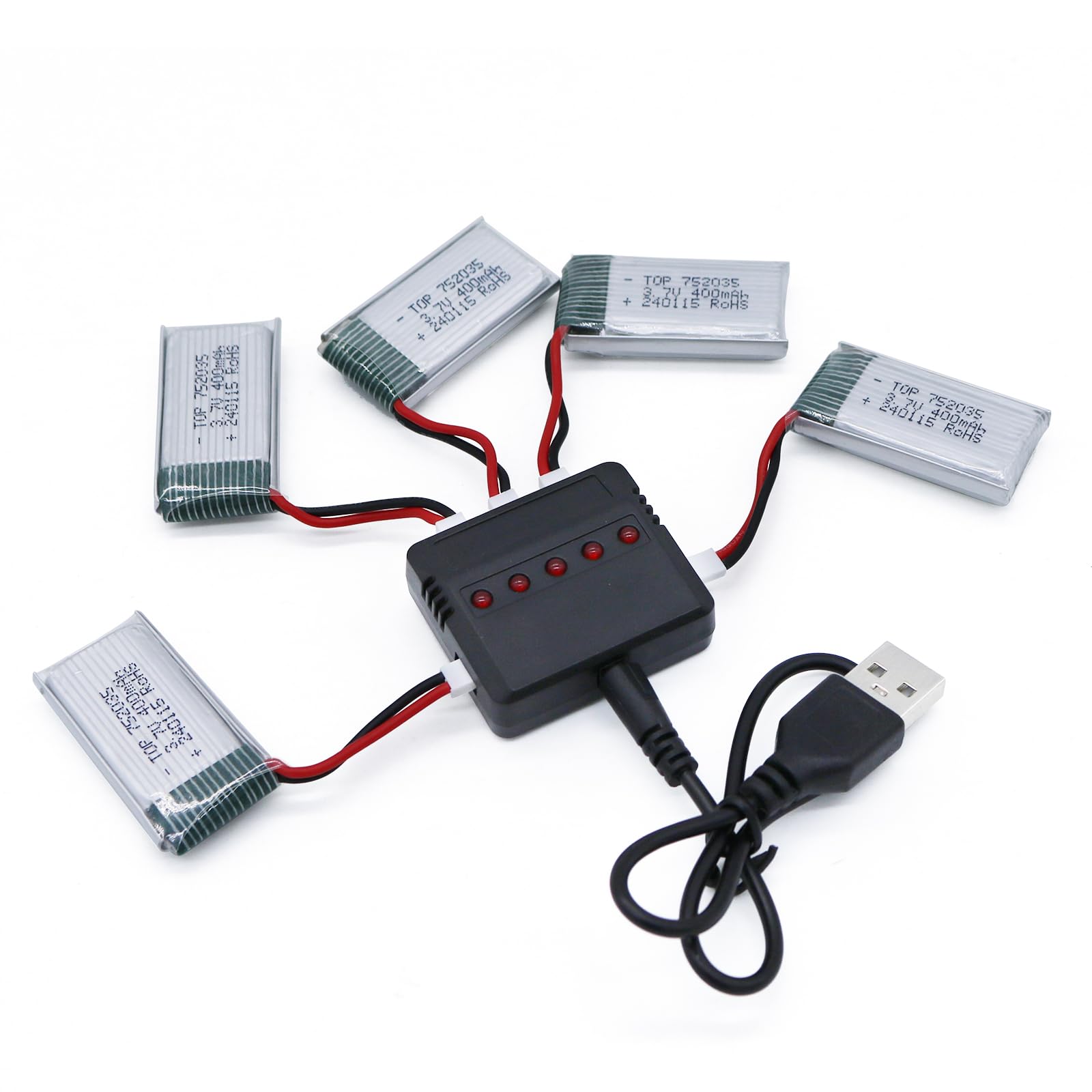 Photo 1 of Tosiicop 3.7V 400Mah Lipo Battery - 5Pcs Drone Batteries with 5in1 USB Charger for Syma Q11 H99W H31 H6C H98 TR-C385 TR-P51 TR-F22 Quadcopter Parts Aircraft Drones Lithium Battery Rechargeable AT-96