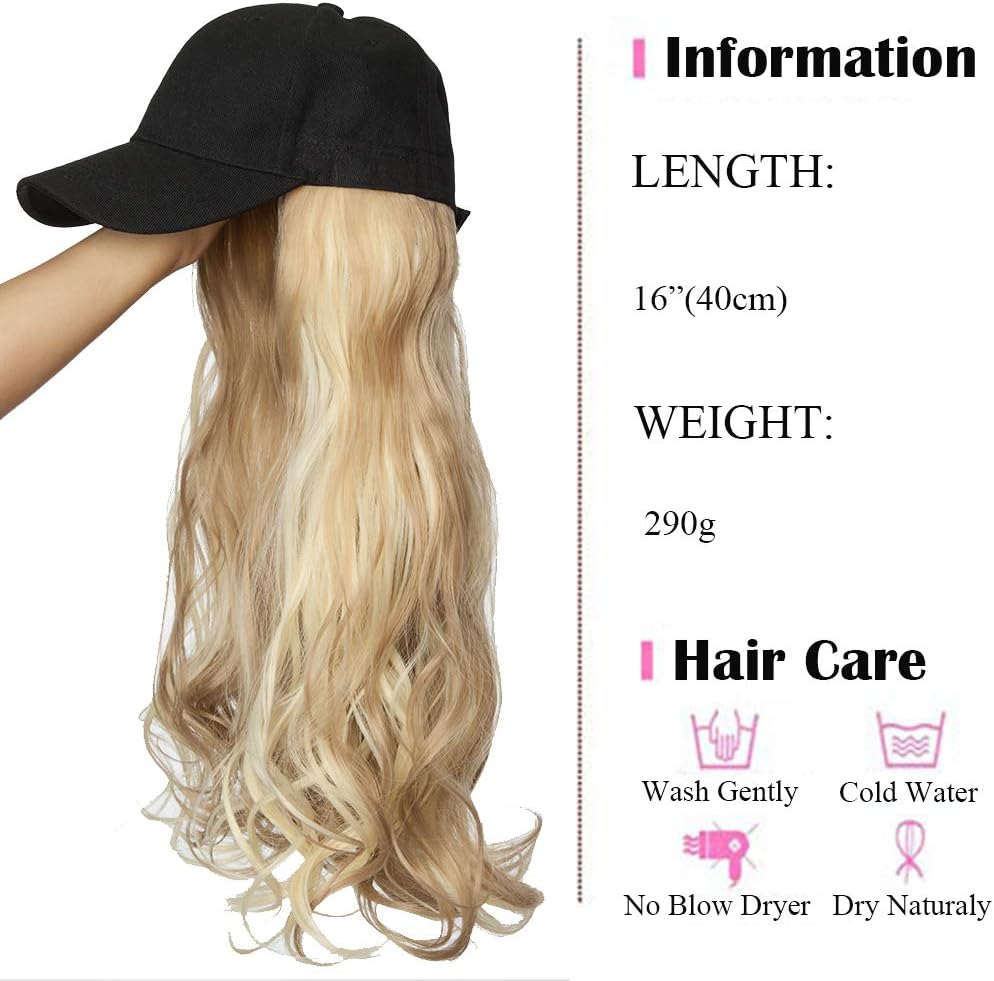 Baseball Cap With Long Wavy Hair Extensions 16 Inch Ombre Synthetic Hair With Attached Black Hat For Women Daily Party Use - Image 3
