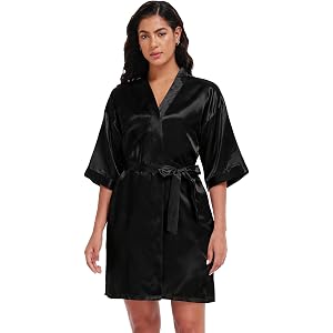 PLumeLux Women's Short Pure Color Robes Satin Kimono Bridesmaid Bride Wedding Bathrobes V-Neck Sleepwear Loungewear