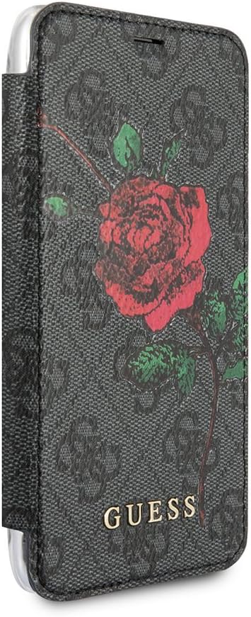 CG Mobile Guess Wallet Case for iPhone X and iPhone Xs Hard Case PU Leather Clear Back Cover Red Rose Design Gray Pattern | Easily Accessible Ports | Drop Protection Case | Officially Licensed