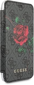 CG Mobile Guess Wallet Case for iPhone X and iPhone Xs Hard Case PU Leather Clear Back Cover Red Rose Design Gray Pattern | Easily Accessible Ports | Drop Protection Case | Officially Licensed