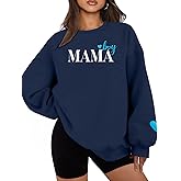MYHALF Women Mama Oversized Crewneck Sweatshirt: Momma Embroidered Shirt Funny Mom Letter Print Long Sleeve Pullover Tops