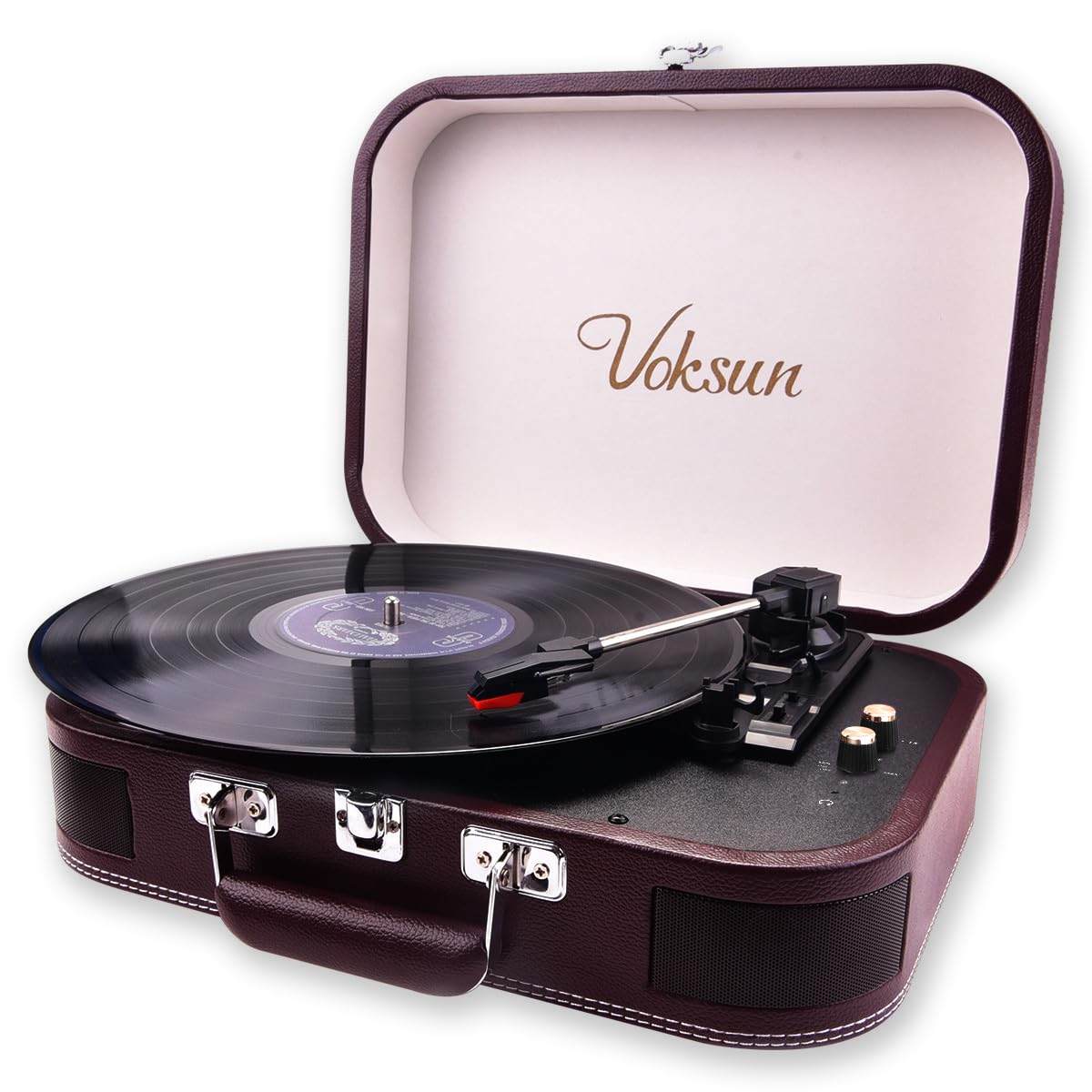 VOKSUN Portable Record Player, Vintage Vinyl Player Suitcase with Built-in Speakers & Bluetooth, 3-Speed Belt-Drive Turntable, Supports MP3 Recording via USB, AUX/RCA/Headphone Jack,Red