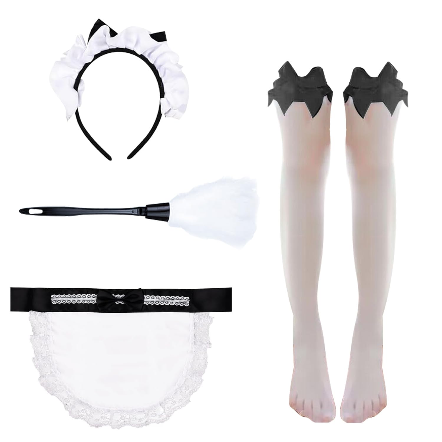 BORFUE 4Pcs Maid Dress Cosplay Set Maid Costume Headwear Maid Feather Cleaner Tool Maid Apron Socks for Halloween Christmas Cosplay