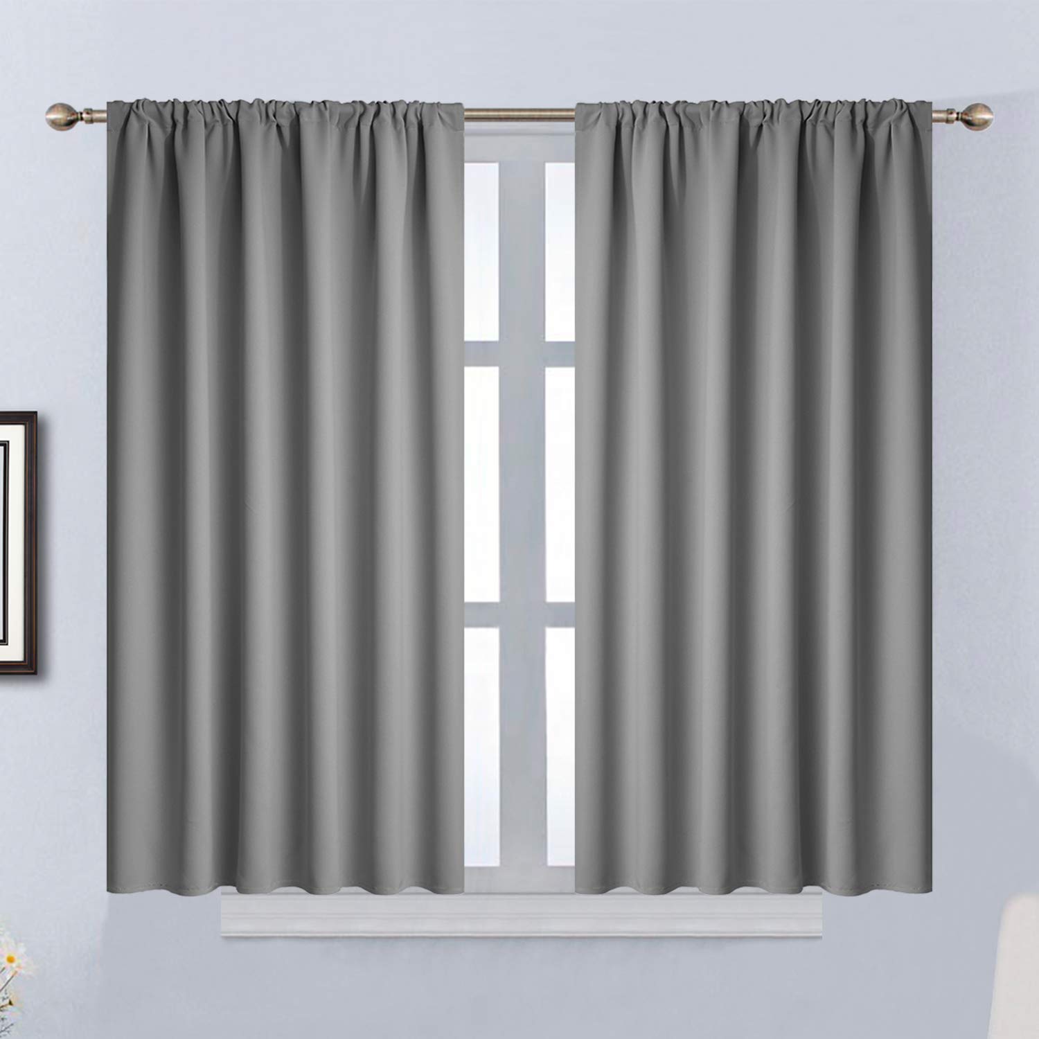 Yakamok Gray Blackout Curtains for Bedroom - Rod Pocket Thermal Insulated Room Darkening Curtains for Living Room, Set of 2 Panels (52 x 45Inch, Grey)