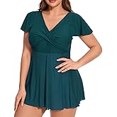 Zaverse Women's Plus Size Swimsuit Ruffle Sleeve Swim Dress One Piece Tummy Control Bathing Suit V Neck Swimwear