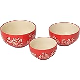 temp-tations by Tara Set of 3 Ceramic Mixing Bowls, Floral Lace - Small To Large Red Nesting Ceramic Bowls for Kitchen, Cooking, Baking Essentials, Microwavable, Use for Prep, Serving Dishes