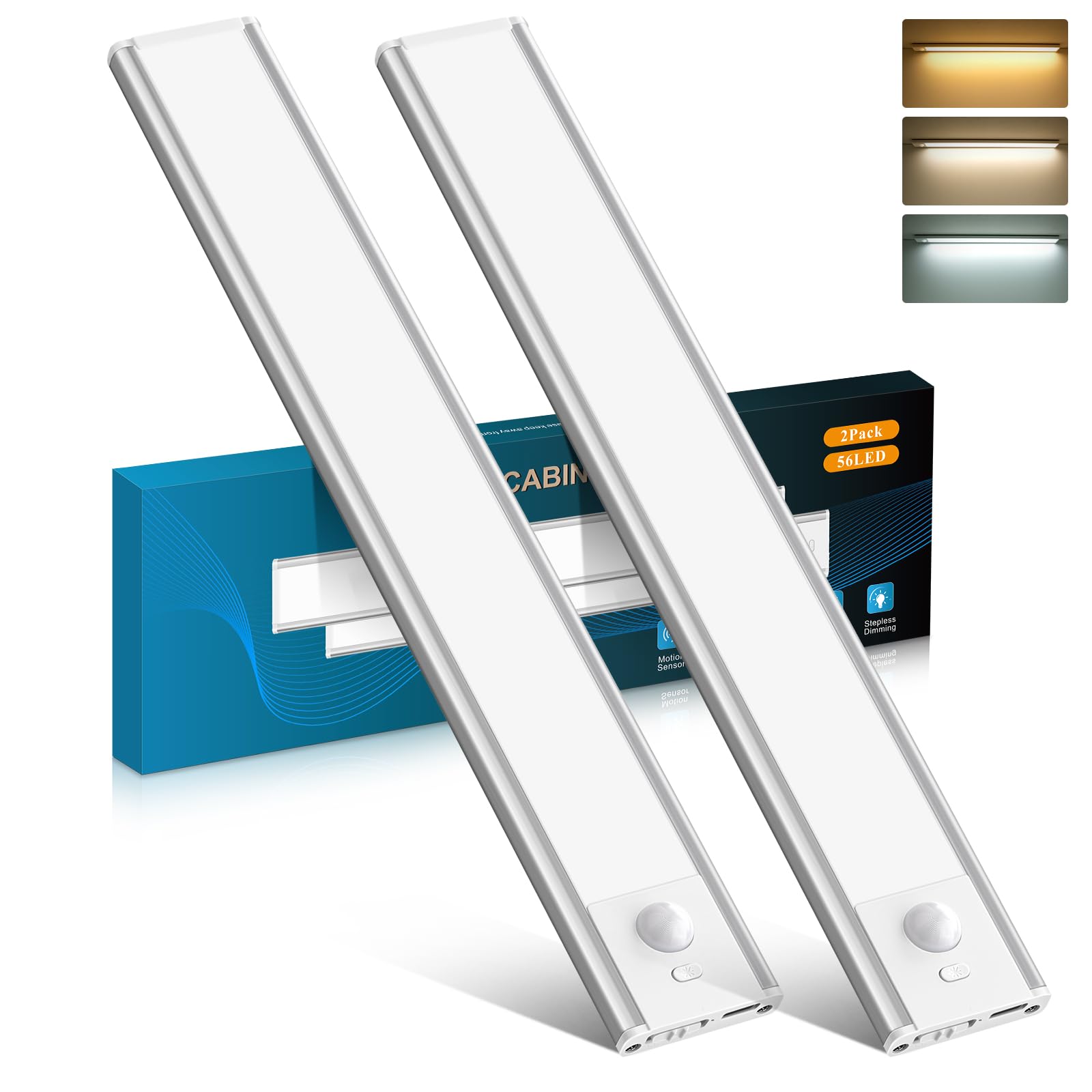 COTLEDL 30CM Under Cabinet Kitchen Lights with Motion Sensor,2 Pack 56LEDs Type-C 2200mAh Rechargeable, 3 Color Temps 10%-100% Dimmable Cupboard Cabinet Light for Kitchen, Bedroom, Hallway