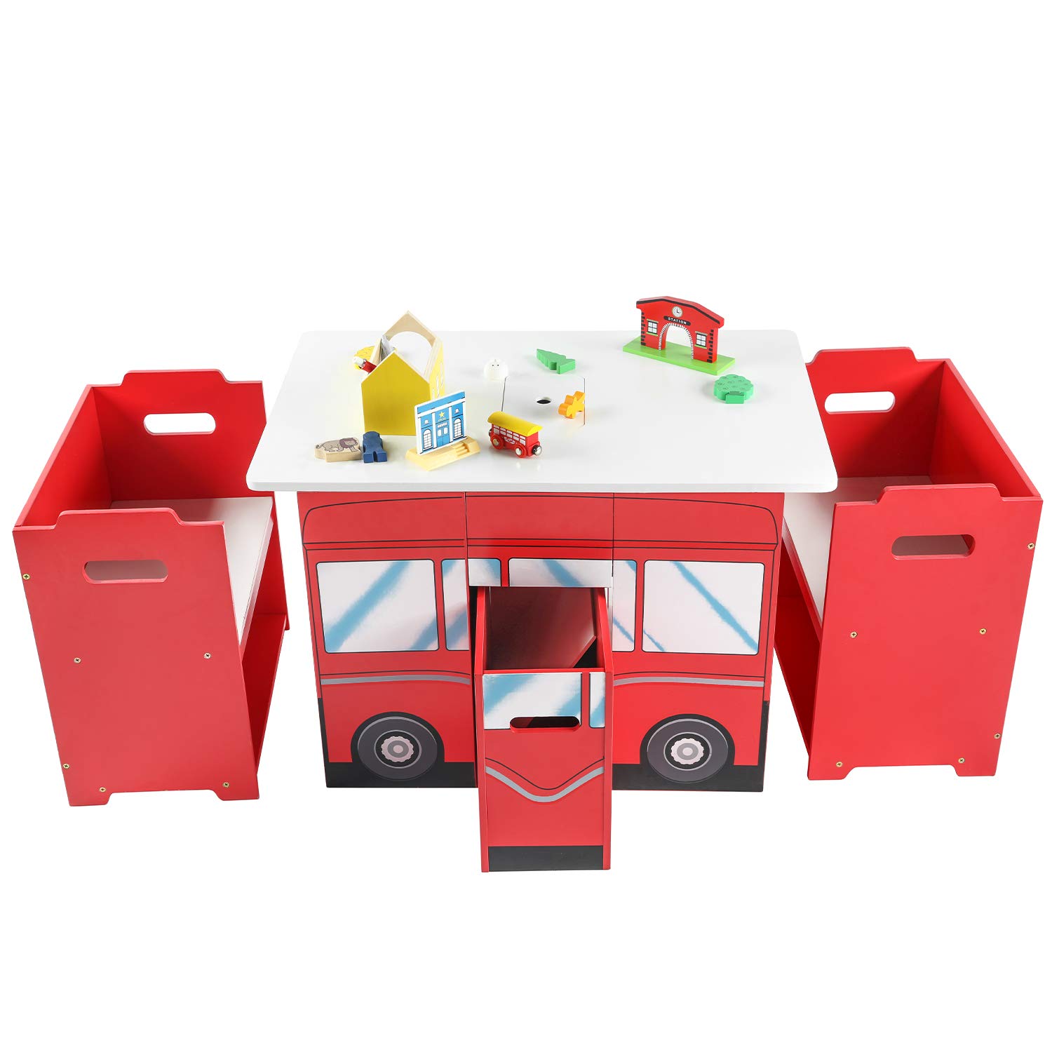RUUF Kids Table and Chairs Set with Storage Bins, Activity Table for Toddler, Adaptable Play Table (2 Chairs Included), Red Bus Shaped Playroom Furniture