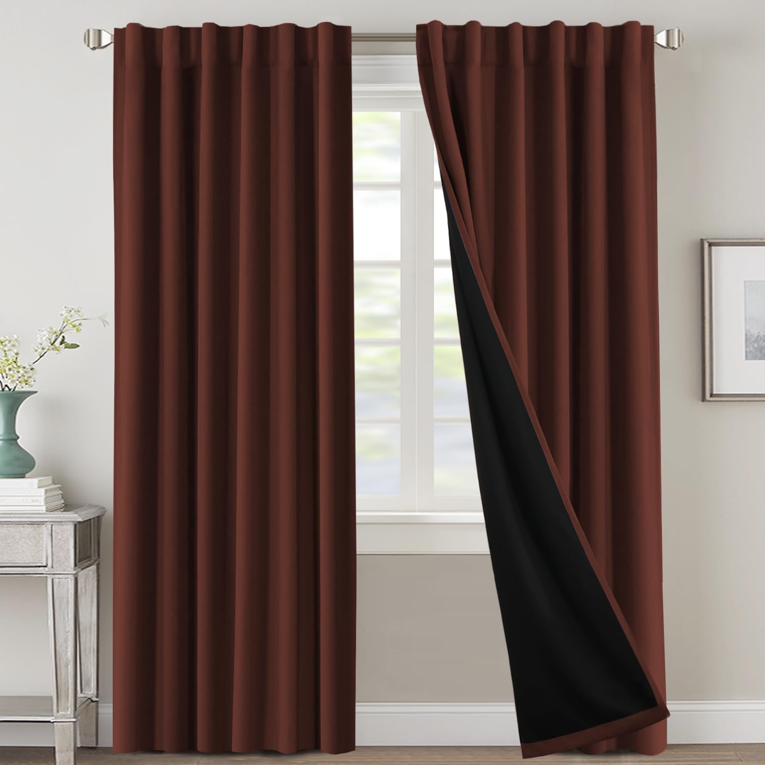 H.VERSAILTEX 100% Blackout Curtains for Bedroom with Black Liner Full Room Darkening Curtain 96 Inch Long Thermal Insulated Back Tab/Rod Pocket Window Drapes for Living Room, 2 Panels, Rust Image