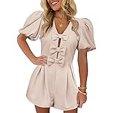 Skoinvb Women's Cute Rompers Summer Casual Short Puff Sleeve Bow Front Short Jumpsuits Sexy V Neck Outfits
