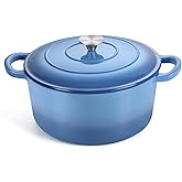 TeamFar 6QT Dutch Oven with Lid, Enameled Nonstick Cast Iron Dutch Oven Cooking Pot for Stewing Baking Braising, Various Stoves & Oven Safe, Toxic Free & Solid, Dual Handles & Easy Cleanup - Blue