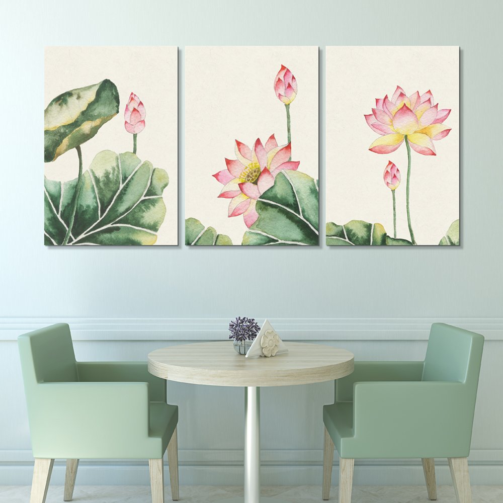 3 Panel Watercolor Painting Style Pink Lotus Flowers And Leaves X 3 Panels Canvas Art Wall26