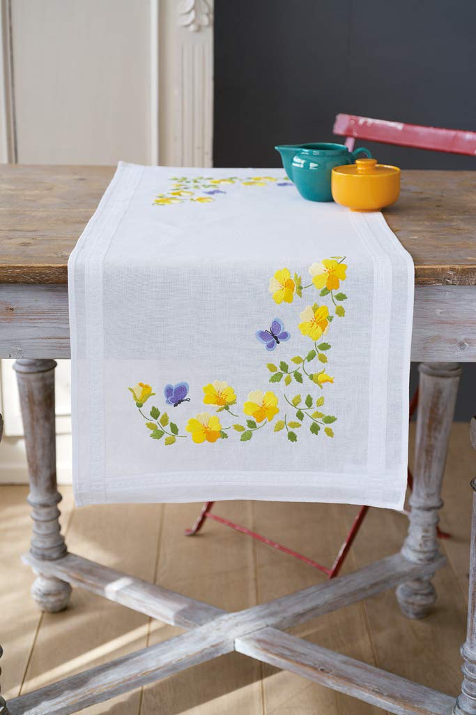 Vervaco Printed Spring Flowers Table Runner Cross Stitch Satin Runner with Webrand, Cotton, Multicoloured, 40 x 100 x 1 cm