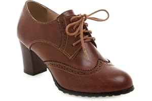 MIOKE Women's Lace Up Wingtip Pump Oxfords Brogues Perforated Chunky Block High Heel Vintage Dress Shoes