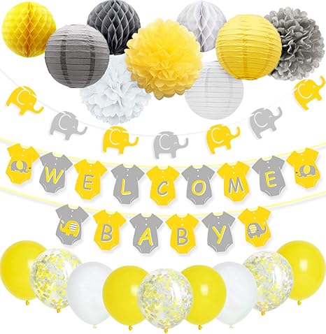 Yellow Grey Elephant Baby Shower Decorations Neutral For Boy Or