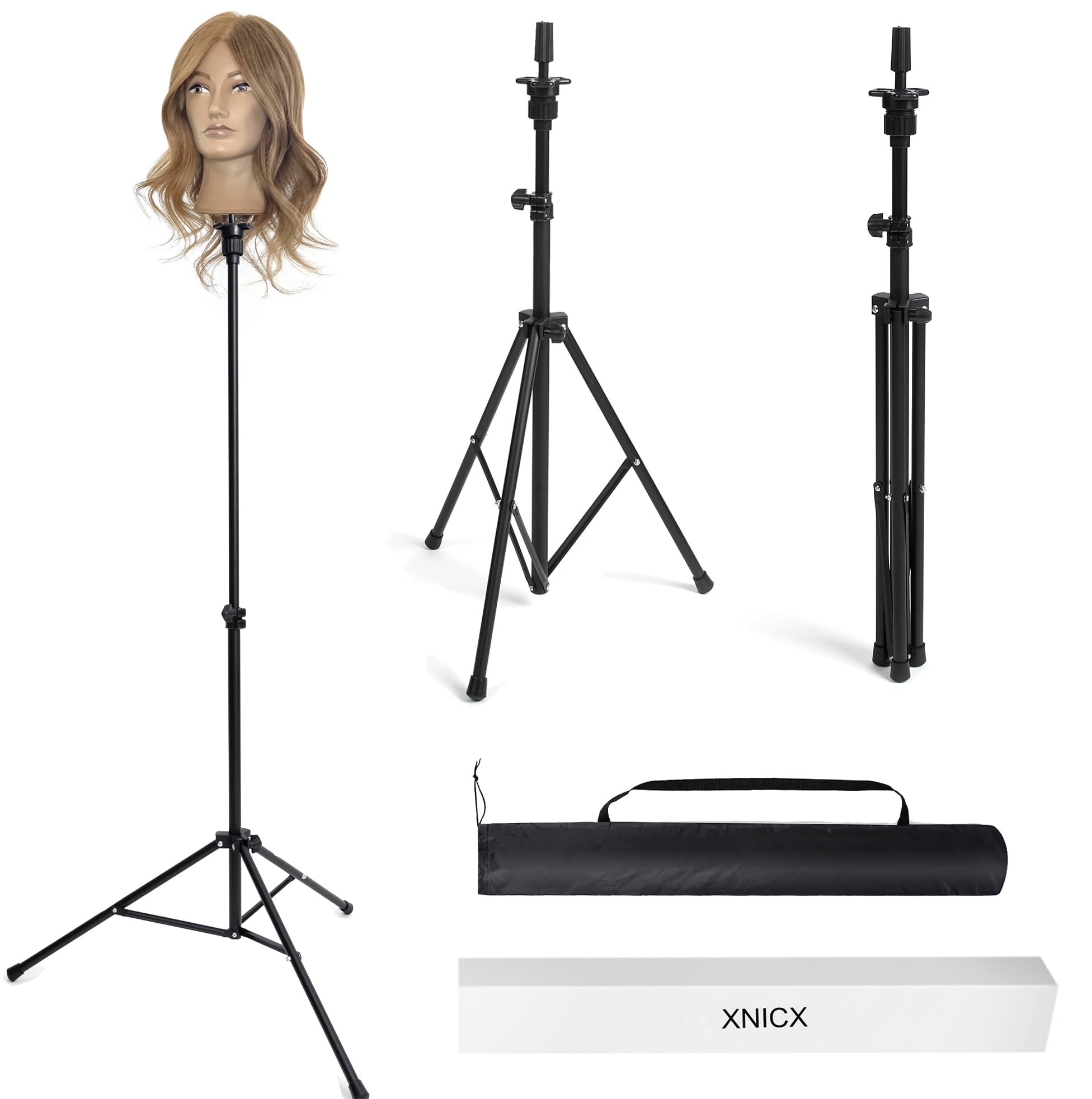 xnicx Wig Stand Mannequin Head Stand,Wig Tripod Height Adjustment(90-137cm) For Mannequin head,Manikin head,Canvas Foam Head,Hair Doll Head,for Wigs,Training and Hairdressing with Carry Bag