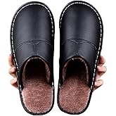 Spklyod Men's All Leather Plush Non-Slip House Slippers Warm Comfortable Indoor Slippers