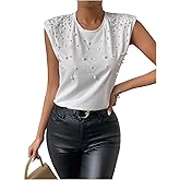 SOLY HUX Women's Pearl Cap Sleeve Crew Neck Tank Top Dressy Casual Summer Tops
