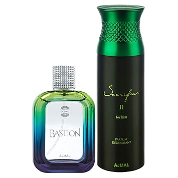 Ajmal Bastion EDP Woody Aromatic Perfume 100ml for Men and Sacrifice II for Him Deodorant Fruity Aromatic Fragrance 200ml for Men+ 2 Parfum Testers FREE