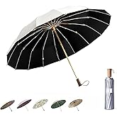 Compact Umbrellas For Rain and Sun UPF 50+ UV Protection Travel Size Windproof waterproofing and Strong Travel Essentials for Men Women 16 Ribs Wooden Handle Black Umbrella Birthday Gifts For Men
