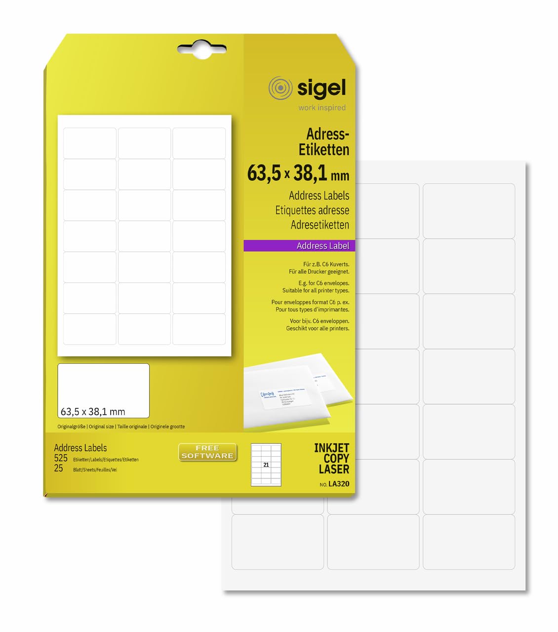 SIGEL LA320 Universal Address Labels, 6.35 x 3.81 cm, 525 lbl equal to 25 sheets, White