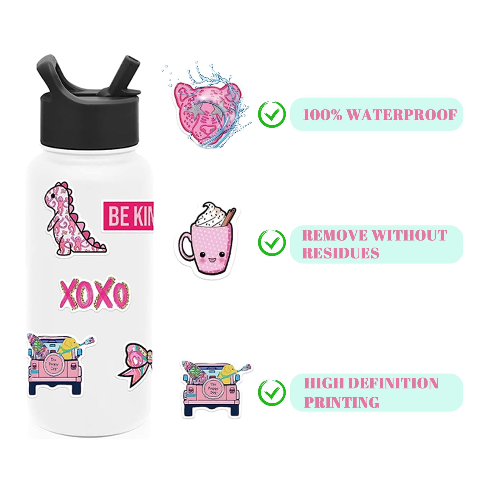 102 Pcs Preppy Stickers Vinyl Aesthetic Waterproof Stickers Adorable Decor Supplies Pink Party Suitable for Mobile Phone Computer Skateboard Water Bottle Suitcase Car etc