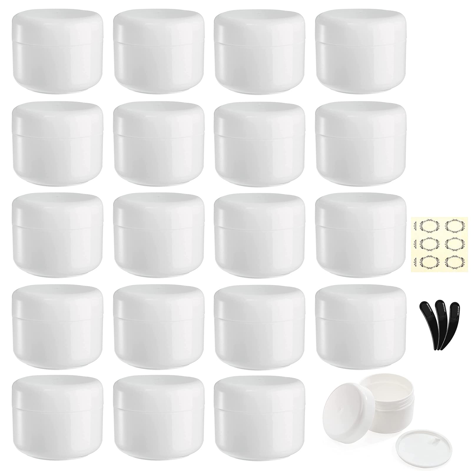 Yalbdopo 20Pcs 20ml/20g White Empty Cosmetic Sample Jars with 3Pcs Mini Spatulas & Labels, Plastic Refillable Travel Pot Container with Dome Lids & Inner Liners for Makeup Cream Lotion Beauty Nails