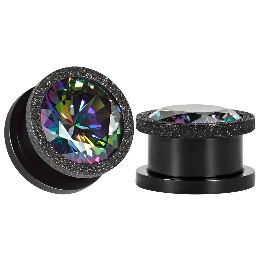 TBOSEN Dull Polish Ear Tunnels Titanium Black Steel Gauges Zircon Plugs Sold as 2pcs