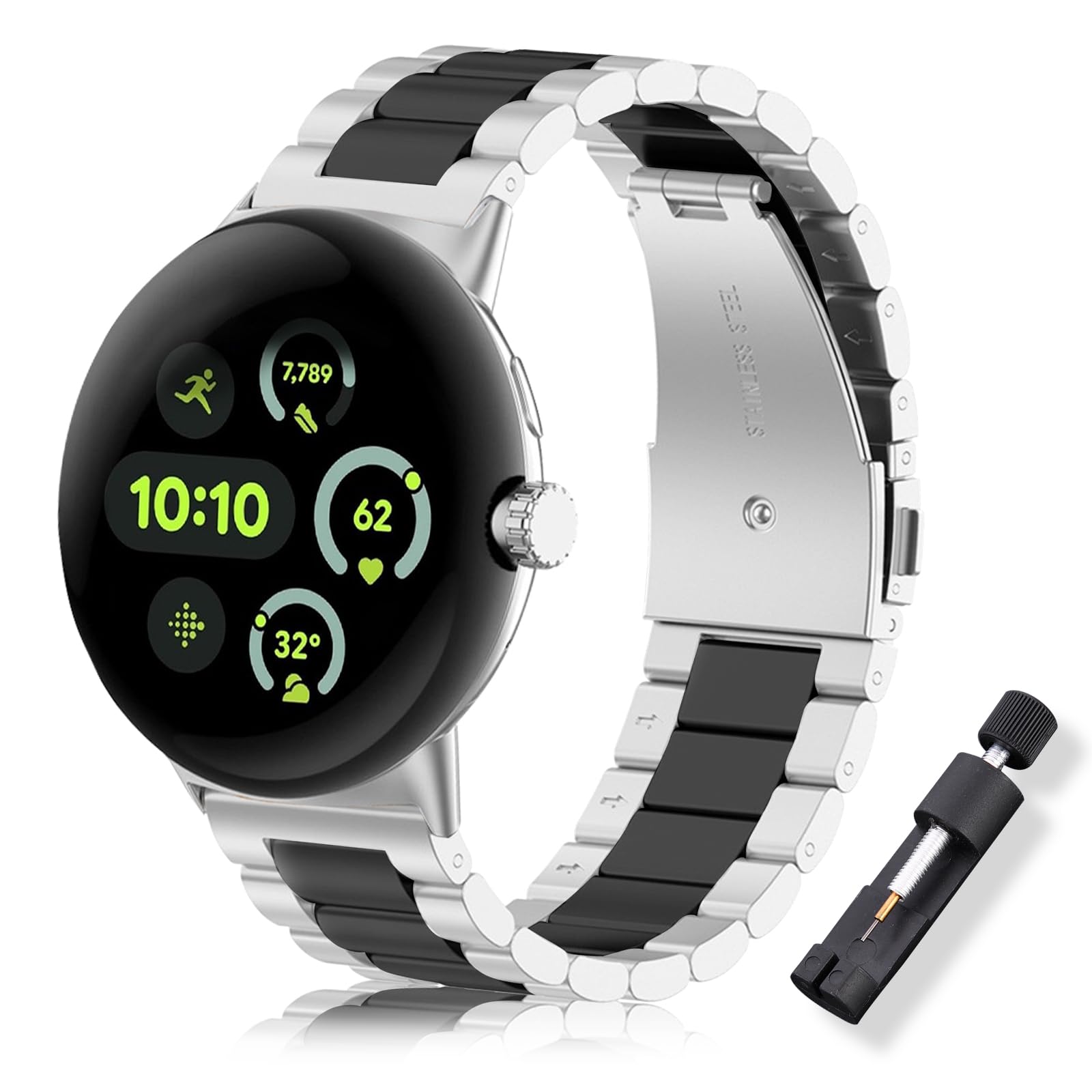 ToVioc Bracelet Compatible with Google Pixel Watch 4 41mm/3 41 mm/2/1, Men & Women Stainless Steel Replacement Strap for Google Pixel Watch 2/1 - Silver Black