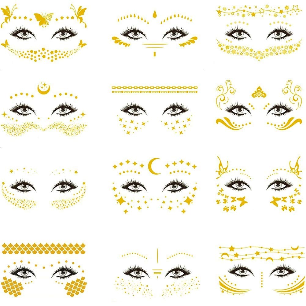 VIWIEU Temporary Face Flash Tattoo Set for Women Girls, 12 Sheets Metallic Glitter Face Jewels Stickers for Adults Shiny Water Transfer Tattoos for Make up Rave Costume Party Musical Festivals