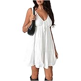 MakeMeChic Women's V Neck Flowy Ruffle Dress Backless Summer Swing Short Dresses