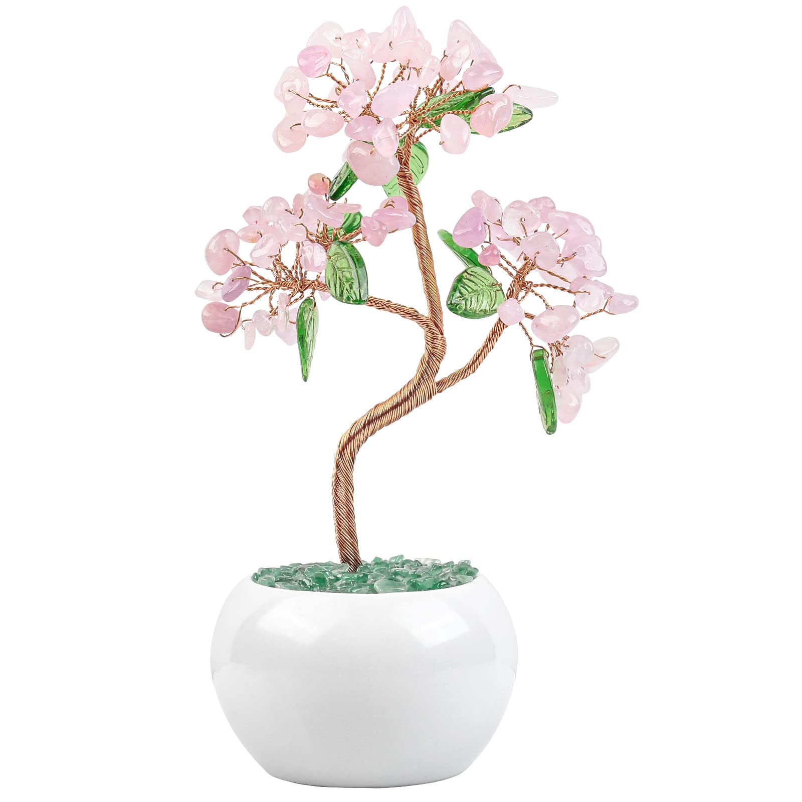 Nupuyai Rose Quartz Crystal Money Tree with Ceramic Base, Feng Shui Bonsai Money Tree Ornament Healing Stone Tree Good Luck Home Office Decor