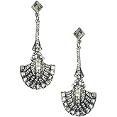 Extra Long Silver Tone Classic Art Deco Antique Vintage Retro Style Silver Tone Gatsby Fan Rhinestone Bridal Prom Wedding Earrings
