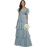 homdor Tiered Ruffles Bridesmaid Dresses for Women 2026 V Neck Chiffon Formal Evening Dresses with Sleeves