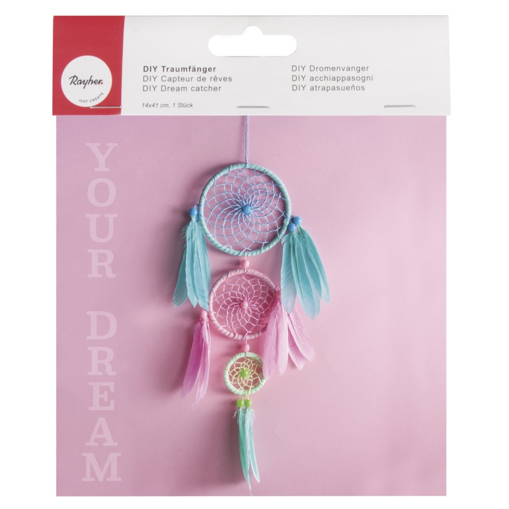 Rayher 66048000 DIY Dream Catcher Craft Kit with Three Metal Hoops, Wall Hanging in Aqua, Pink and Mint Pastel Colours, Length 41 cm