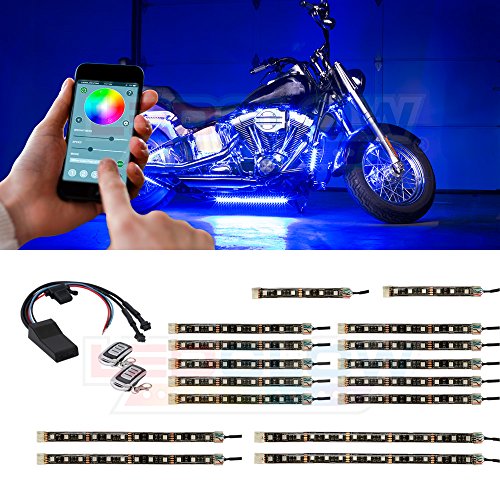 LEDGlow 16pc Advanced Million Color LED Flexible Motorcycle Lighting Strip Kit - Bluetooth-Connected Smartphone App - 156 LEDs - Waterproof Control Box - Dual Zone Control - 2 Wireless Remotes
