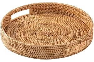 Round Rattan Woven Serving Tray – Natural Farmhouse Storage Tray for Kitchen Counter, Coffee Table, Ottoman, or Picnic – 35x3